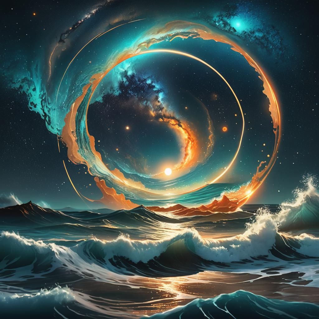 Radiant Circle Above Serene Ocean: 3D Concept Art