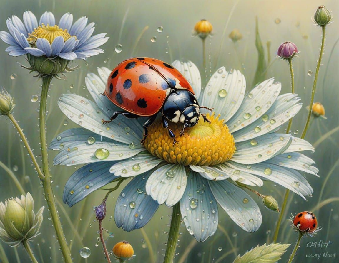 Ladybird Surrounded by Morning Dew in a Vibrant Floral Scene