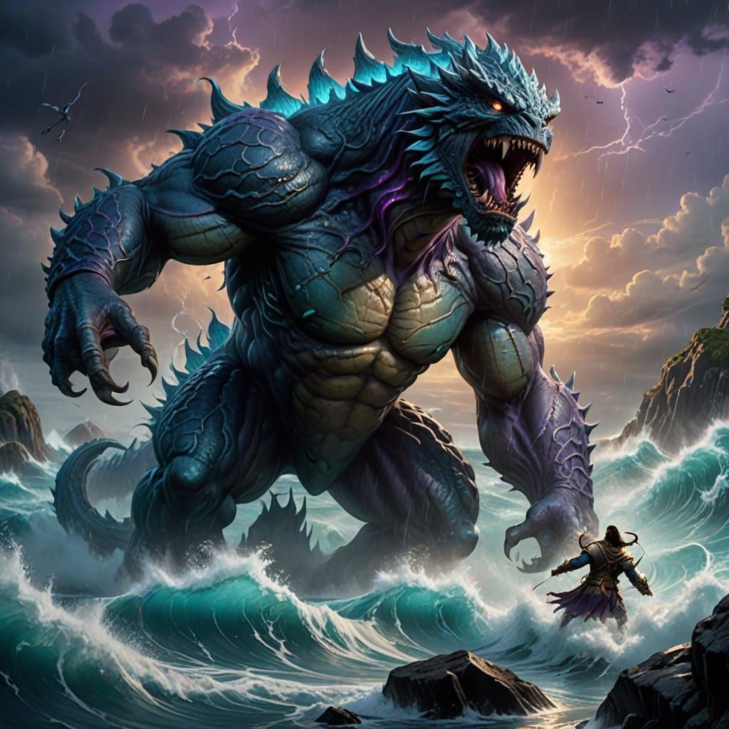 Epic Clash of Rock and Water Monstrosities in a Stormy Ocean
