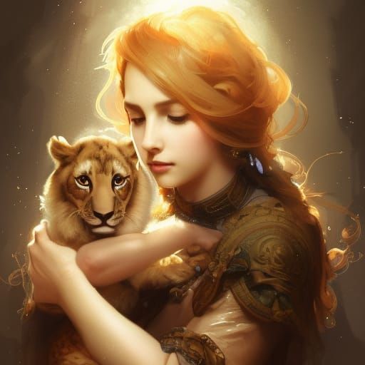 Woman with Lion Cub: Hyperdetailed Art Portrait