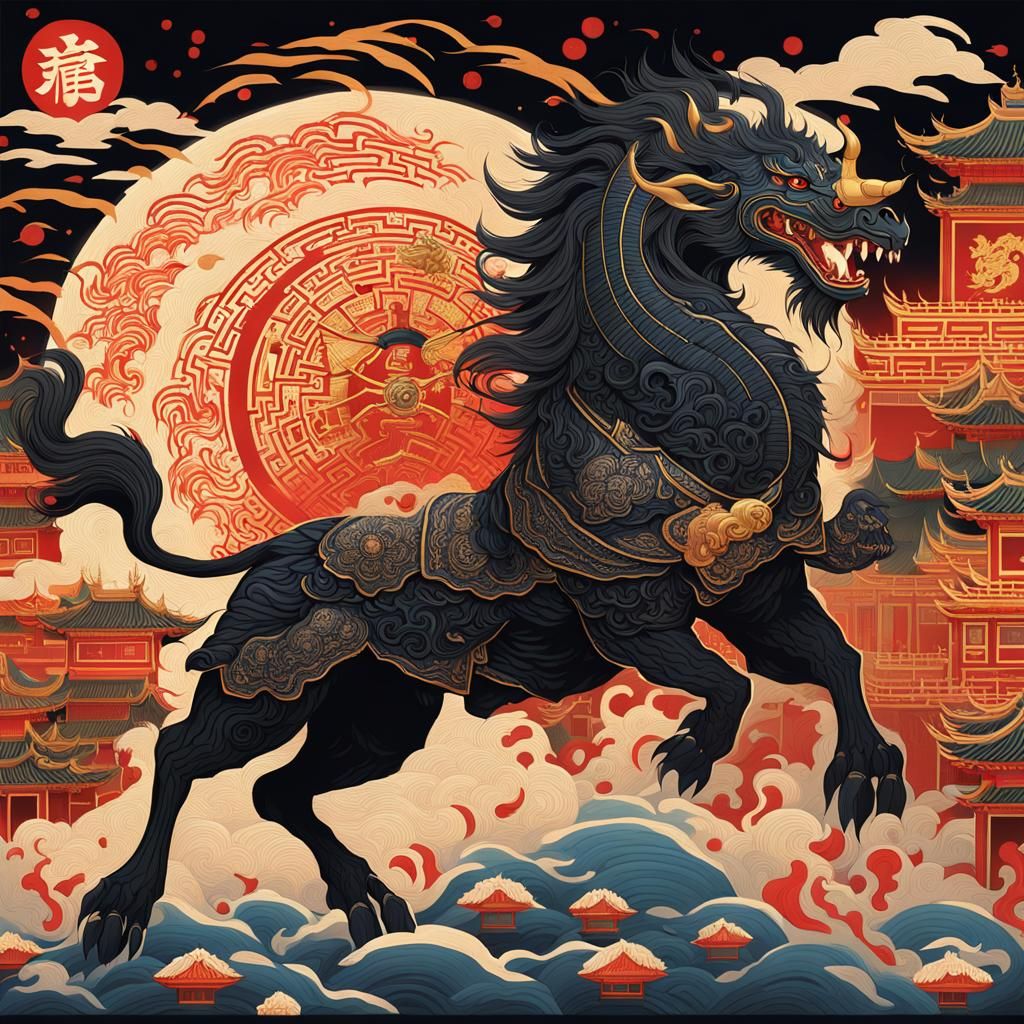 Mythical Black Kirin in Ancient Chinese City