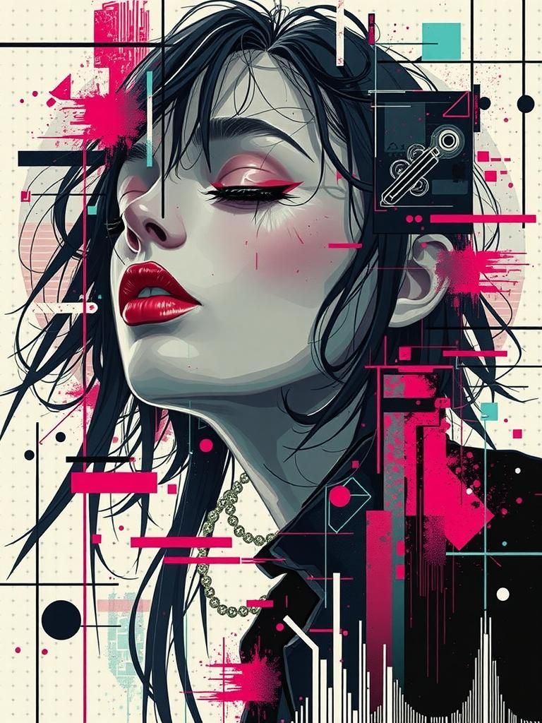 Woman in Neon Shards: 1980s Style Digital Art