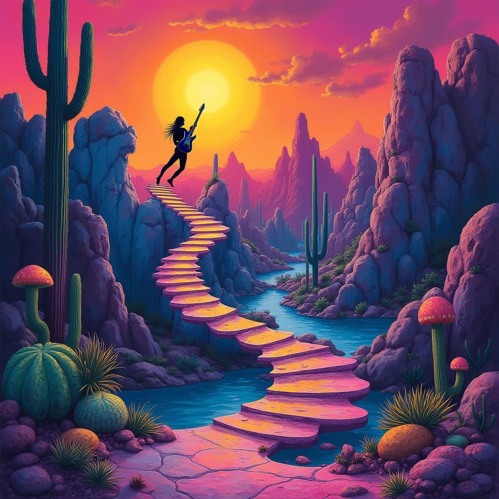 Surreal Psychedelic Dreamscape with Flying Guitarist in Neon...