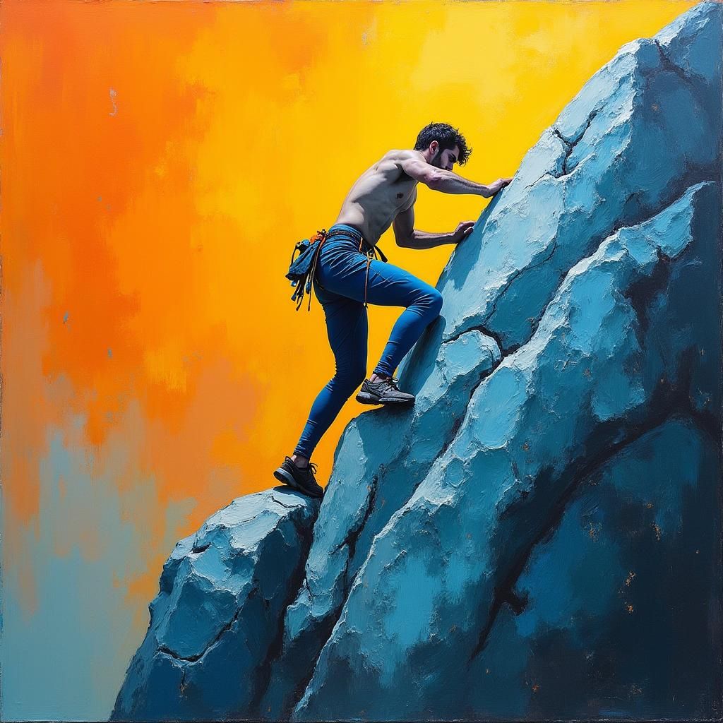 Climber Ascends Boulder in Abstract Expressionist Style