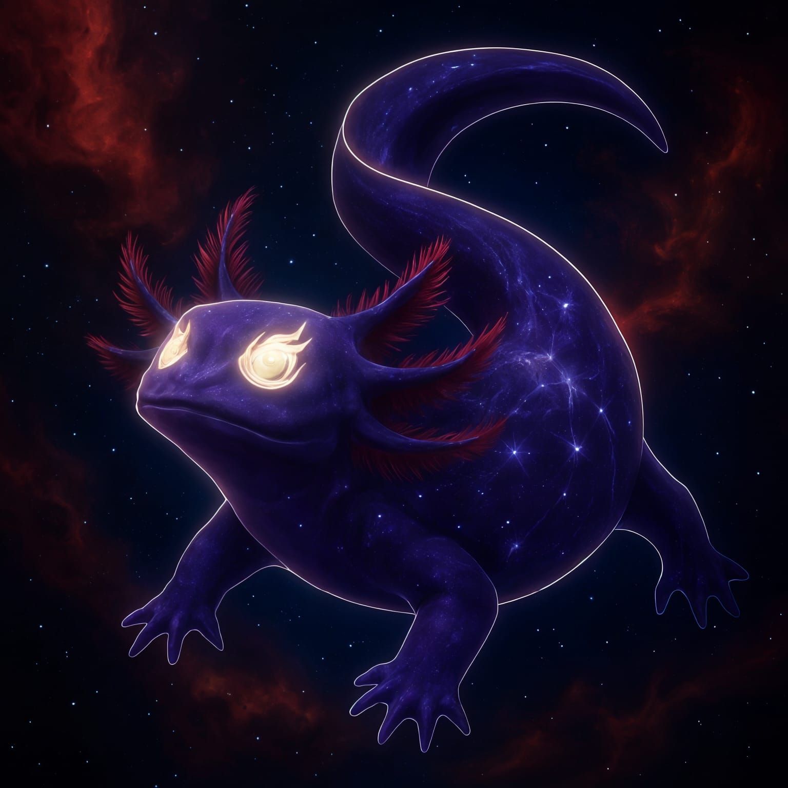 Cosmic Axolotl Floating in Space with Nebula Body