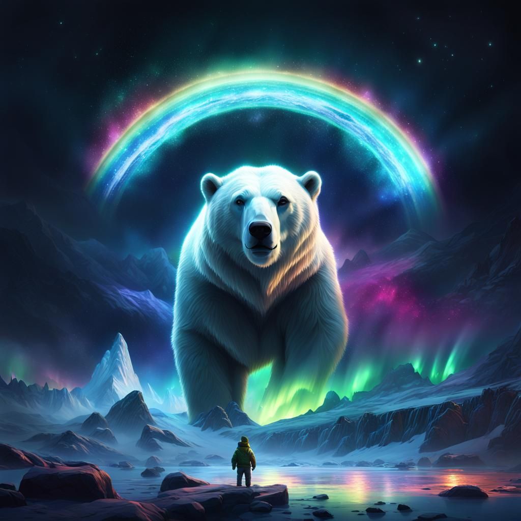 Cosmic Polar Bear with Rainbow Northern Lights