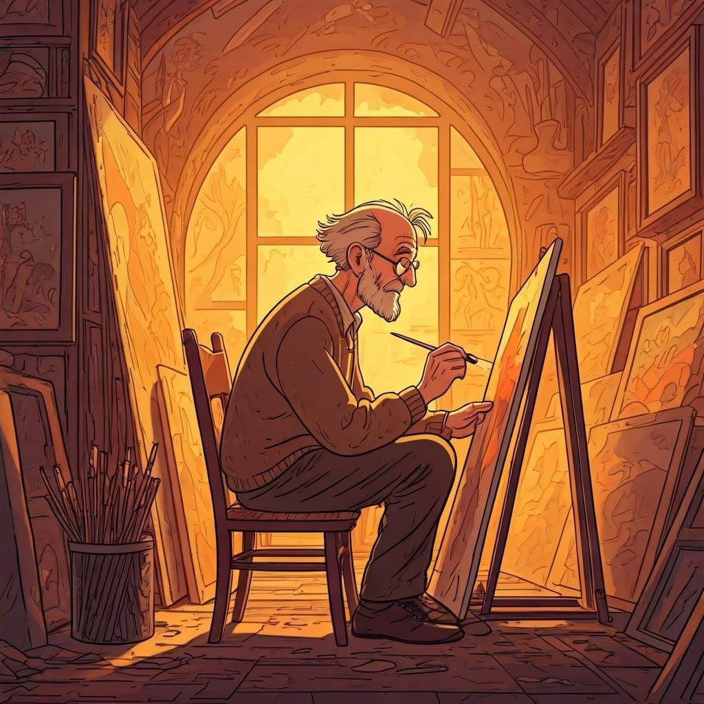 Painter in Cozy Studio as Vintage Comic Art