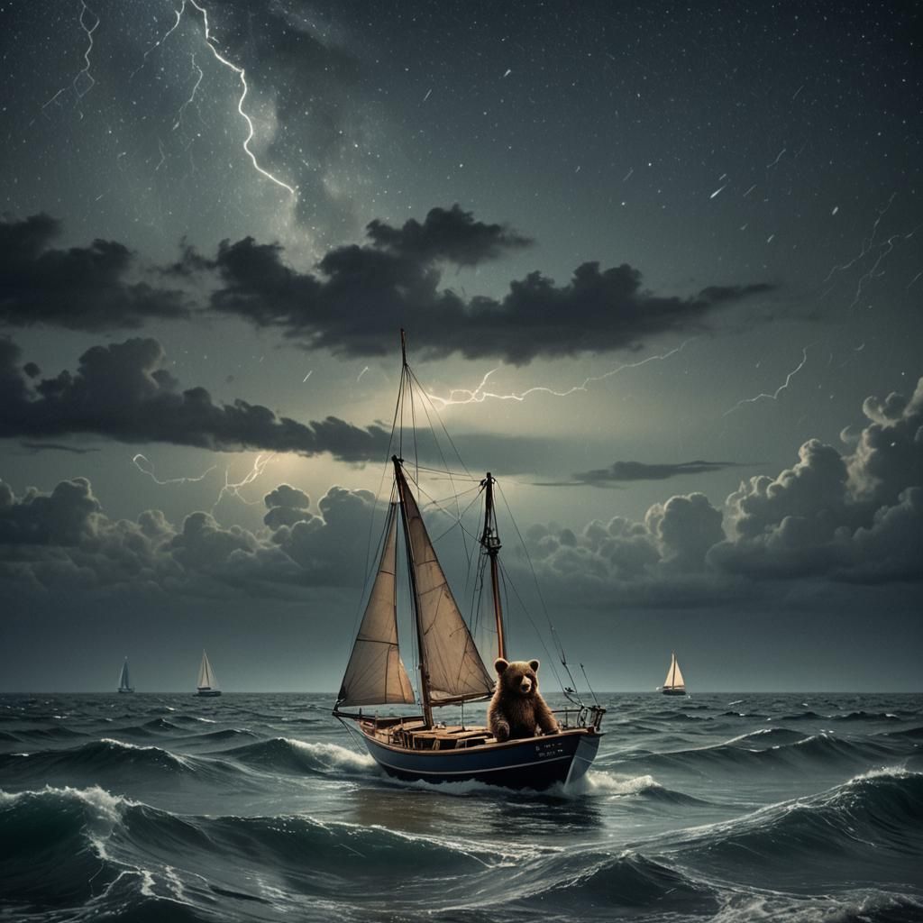 Bear Sailing a Boat on Stormy Ocean