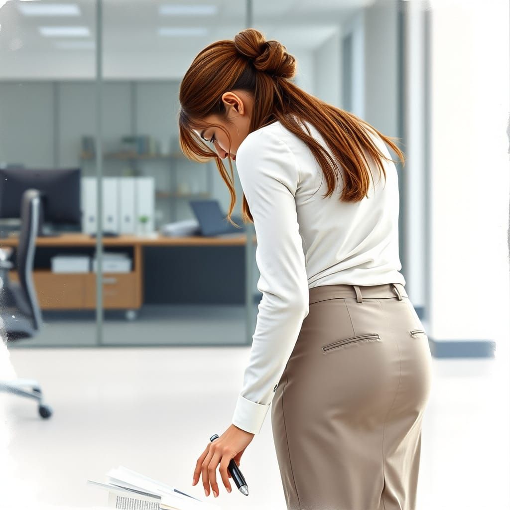 Feminine Professional Bends to Gather Files in Softly Lit Of...