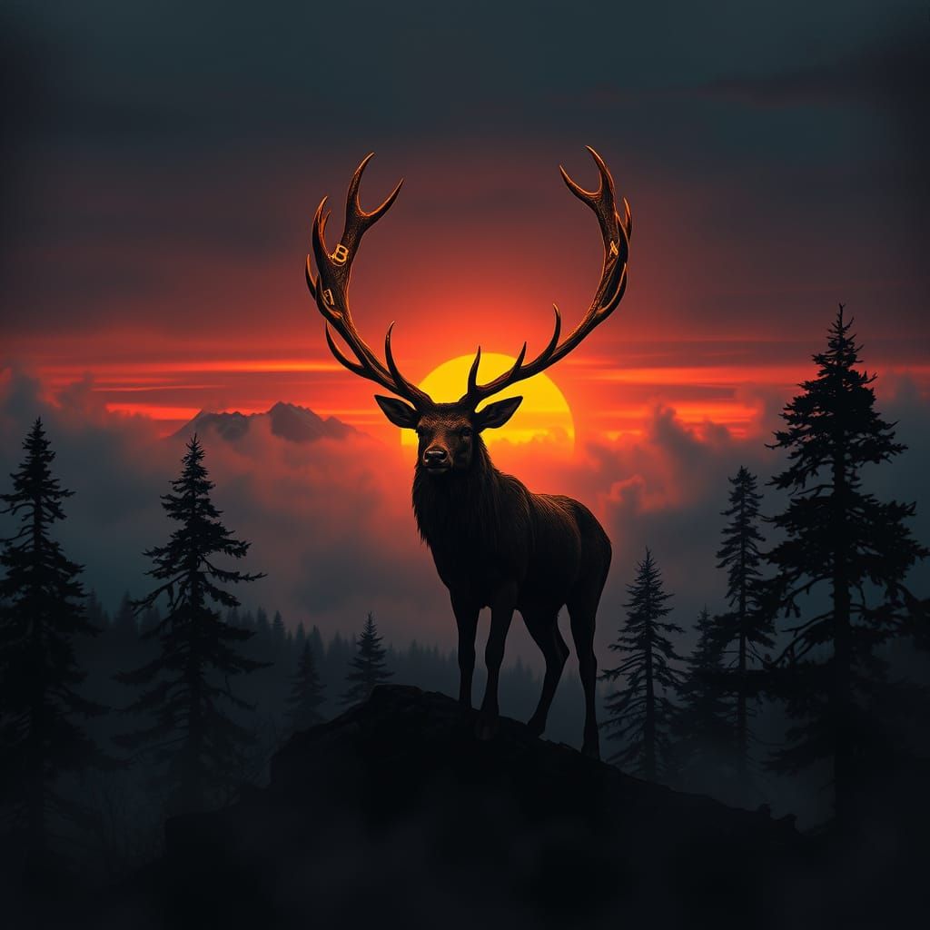 Majestic Stag Silhouetted Against Fiery Sunset, in Celtic Ar...