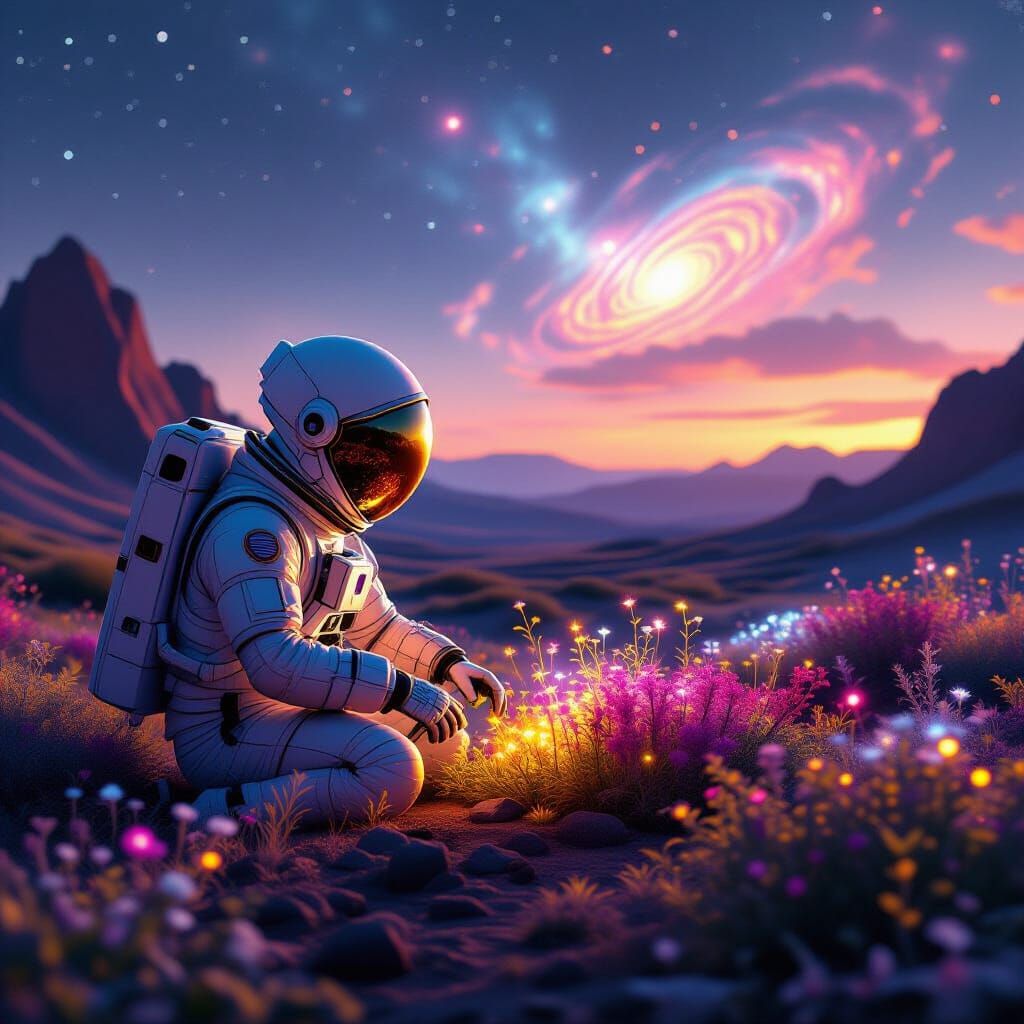 Astronaut Tends Glowing Garden on Alien Planet