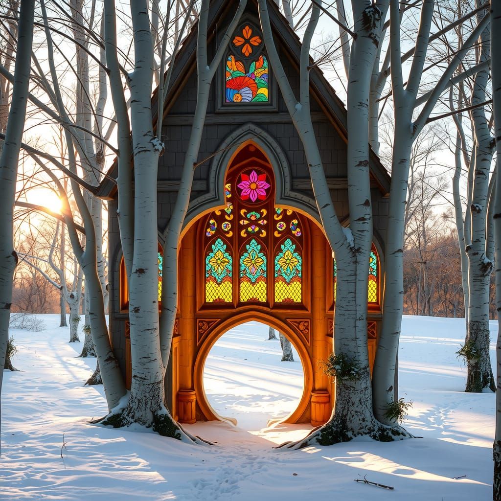 Gothic Treehouse Sculpture Amidst Snowy Birch Trees