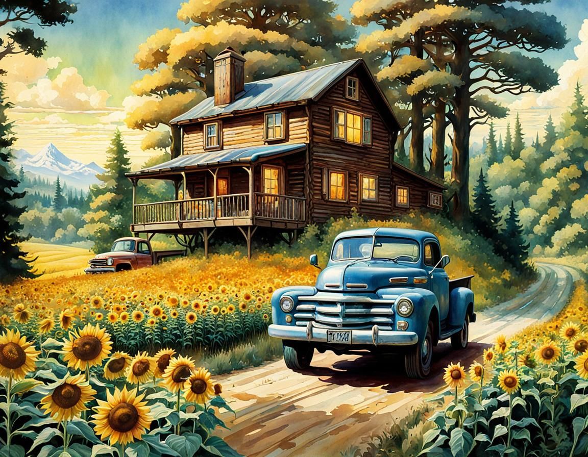 Surreal Cabin Truck in Sunflower Meadow