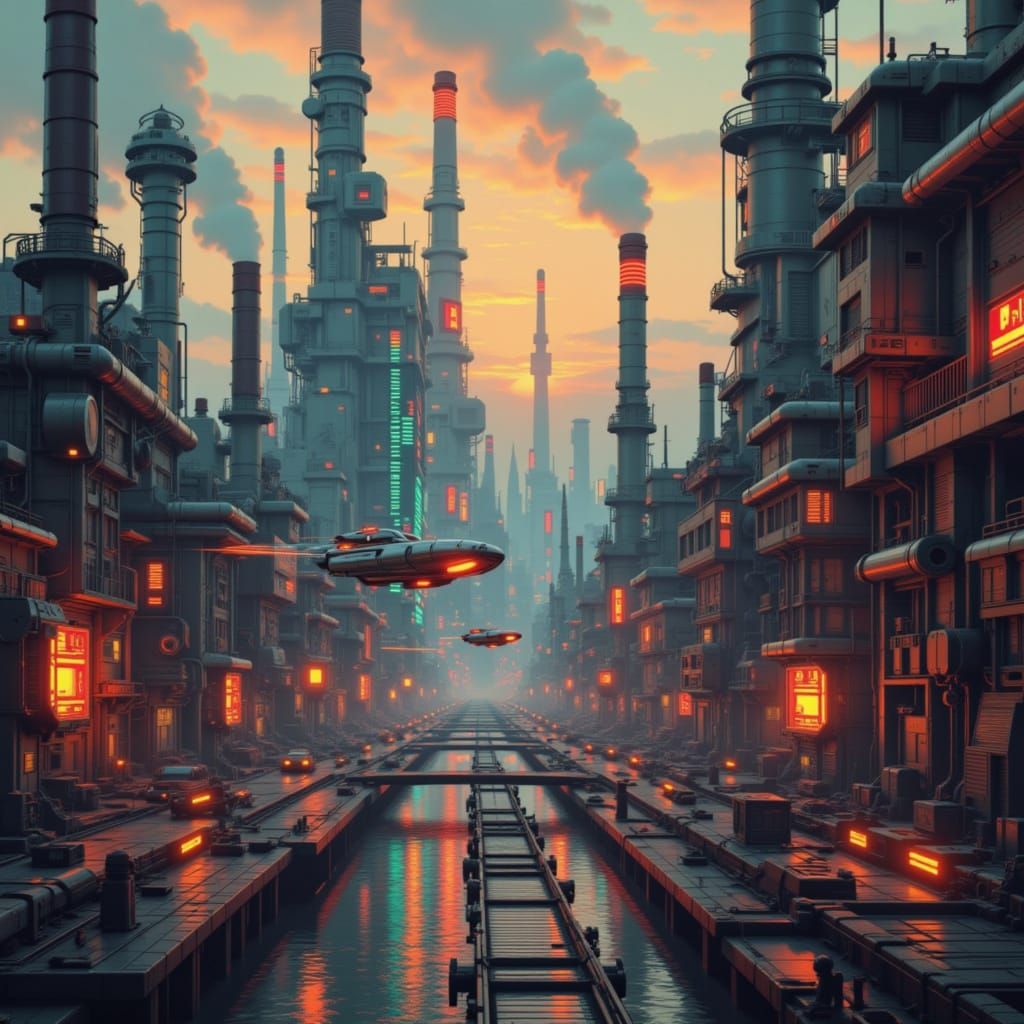 Retro-Future Industrial Cityscape at Dusk