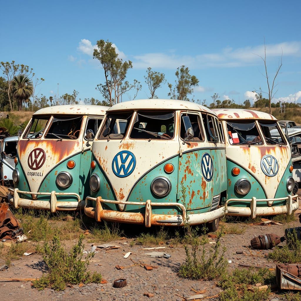 Wrecked Vintage VW Vans in Junkyard, Decayed Landscape