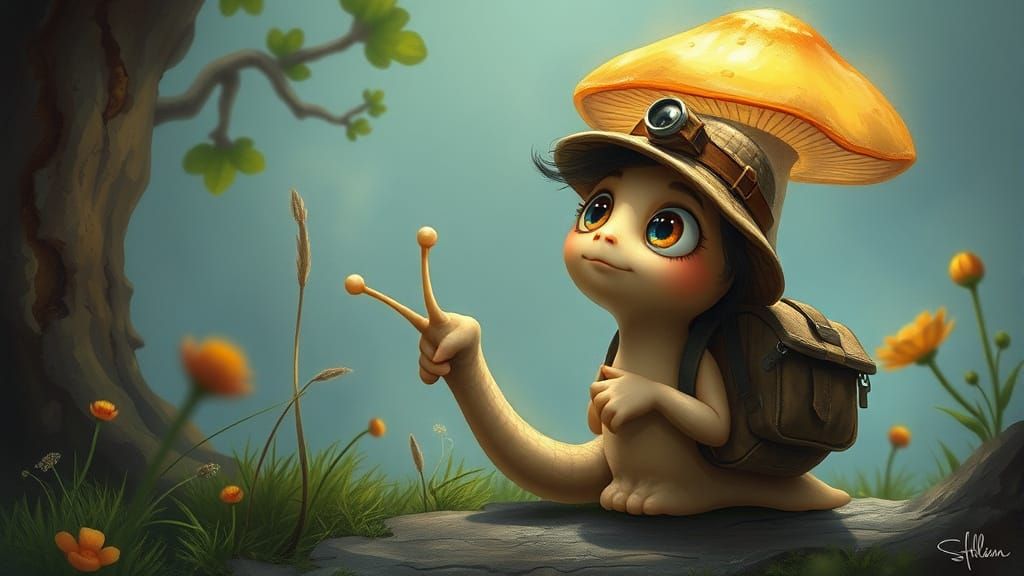 Snail Explorer Gazing at Giant Mushroom