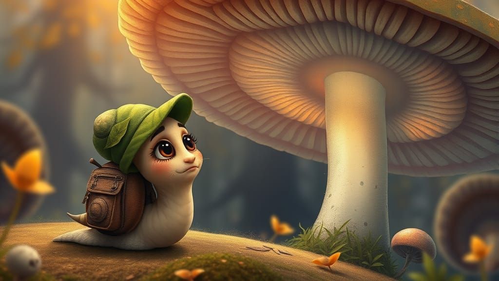 Whimsical Snail Gazing at Giant Mushroom