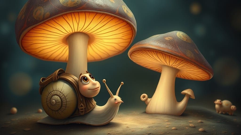 Snail's Enchanted Mushroom Adventure in Whimsical Style