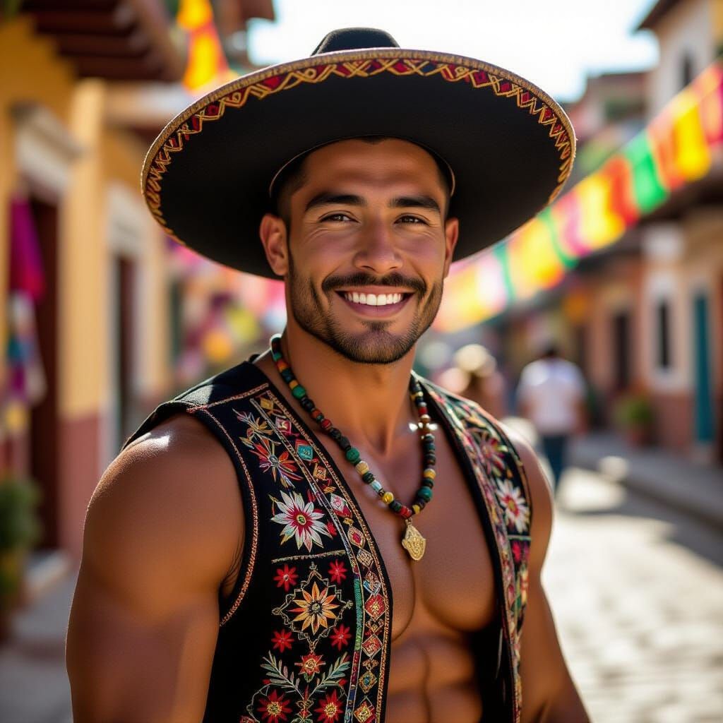 Mexican Man in Traditional Attire in Vibrant Village