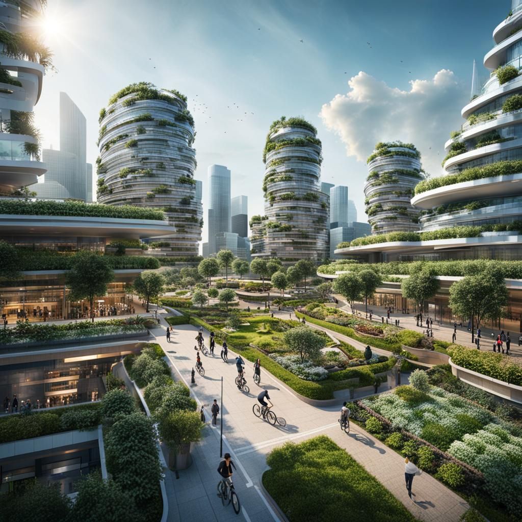 High Tech Cityscape with Skyscrapers and Greenery