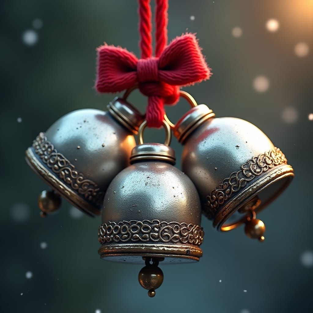 Ornate Silver Sleigh Bells with Red Ribbon