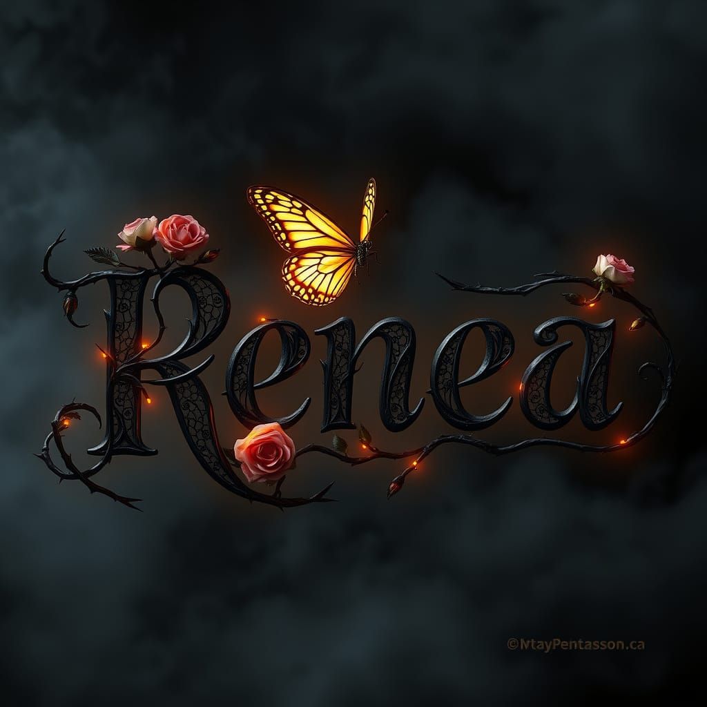 Ethereal Gothic Calligraphy of Renea in Black Lace-Glowing L...