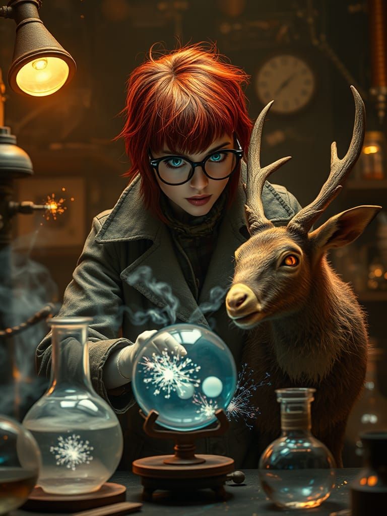 Female mad scientist with short, red hair conducts laboratory experiments on a jackalope. Weird science vibe. Pulp aesth...