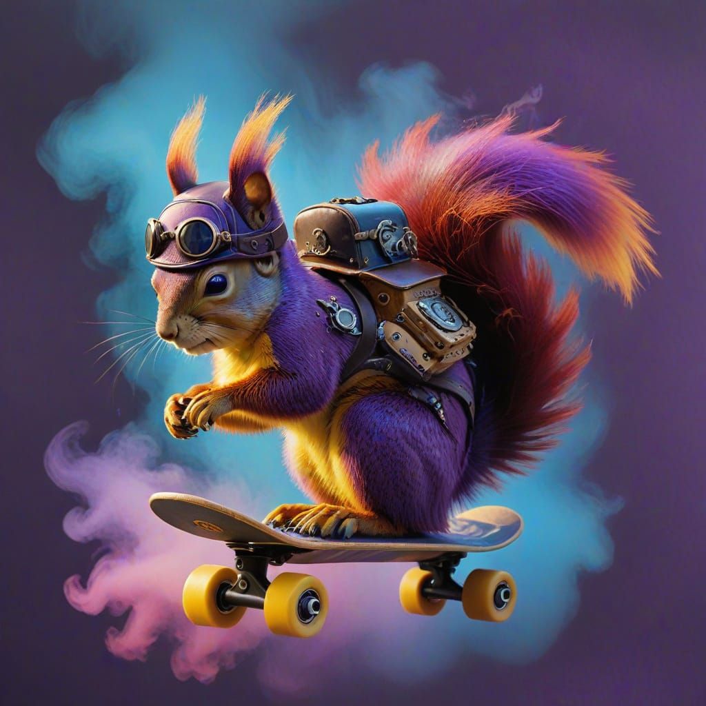 Surreal Steampunk Squirrel Rides Vibrant Skateboard