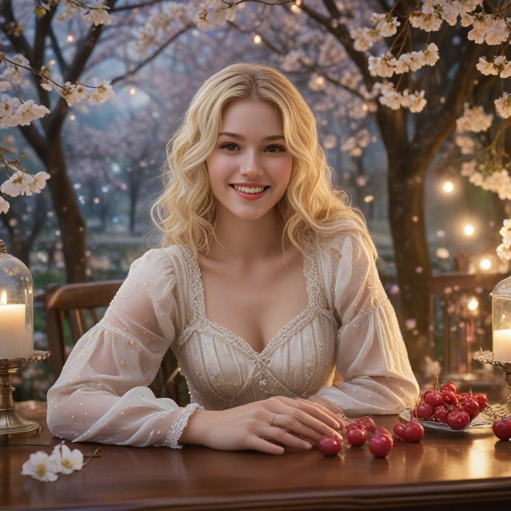 Ethereal Blond Woman with Cherries, Romantic Fantasy Illustr...
