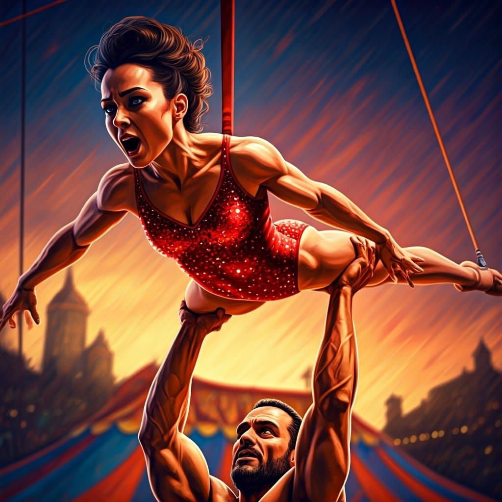 Fearless Trapeze Artist in Mid-Air Transition