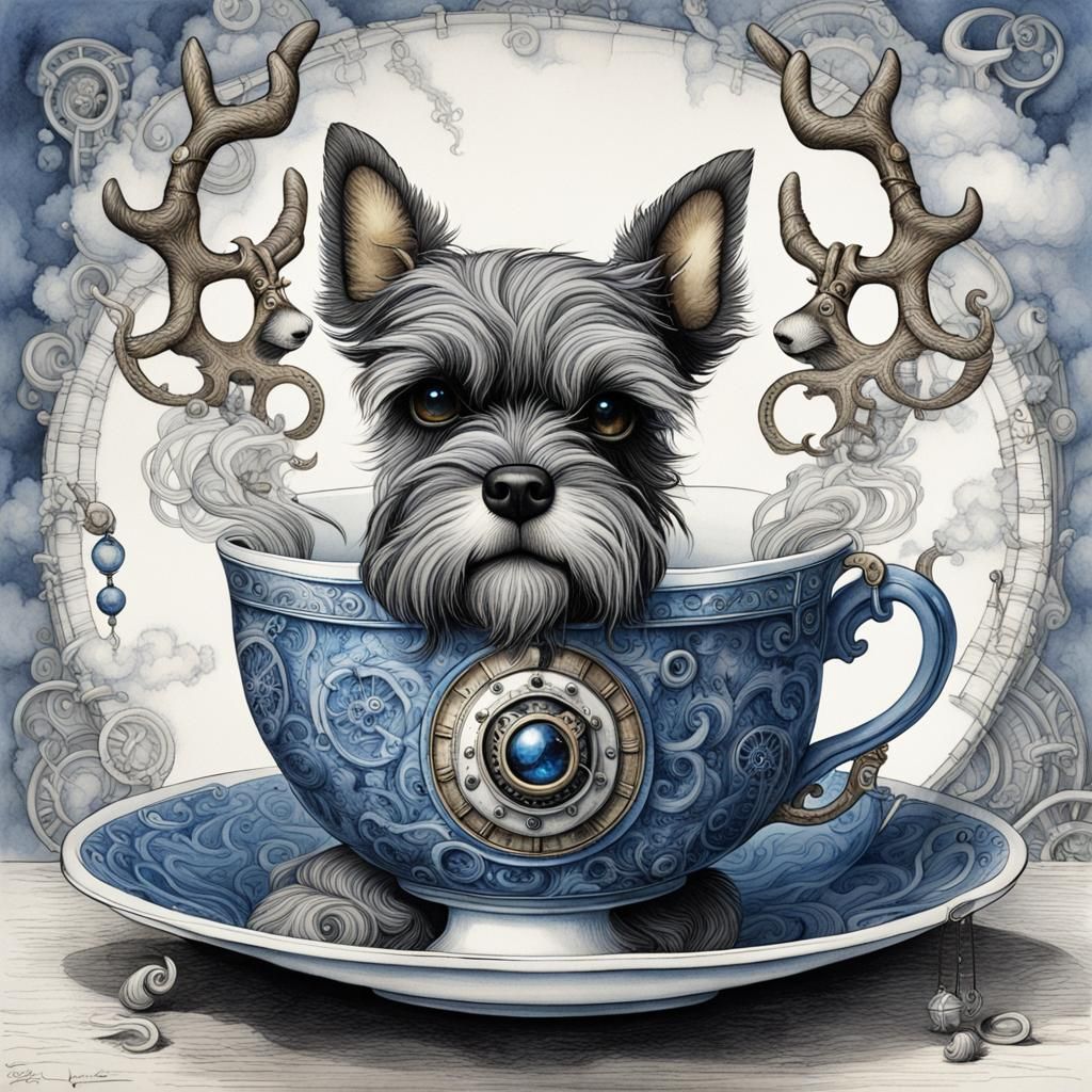 Steampunk Schnauzer in Teacup: Detailed Surreal Illustration