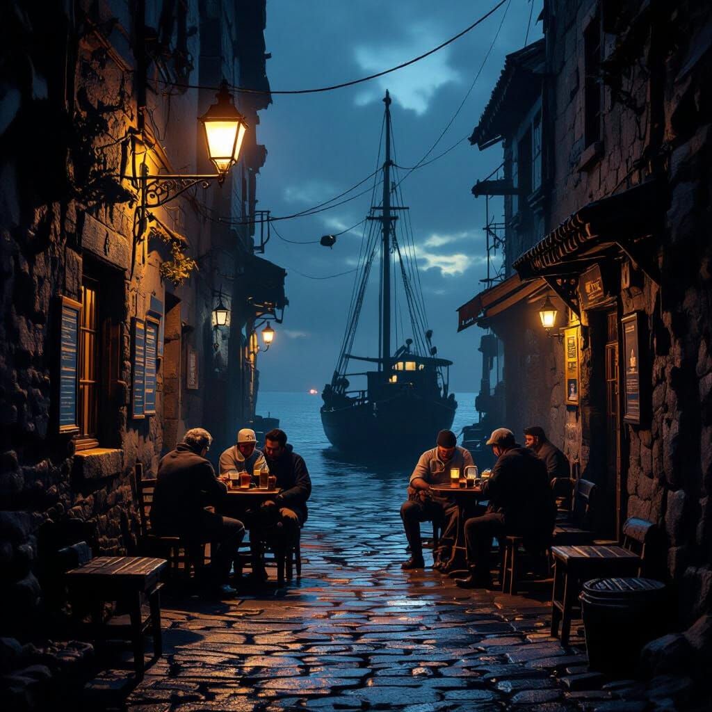 Whaling Sailors Mourn Lost Companion in Dark Tavern