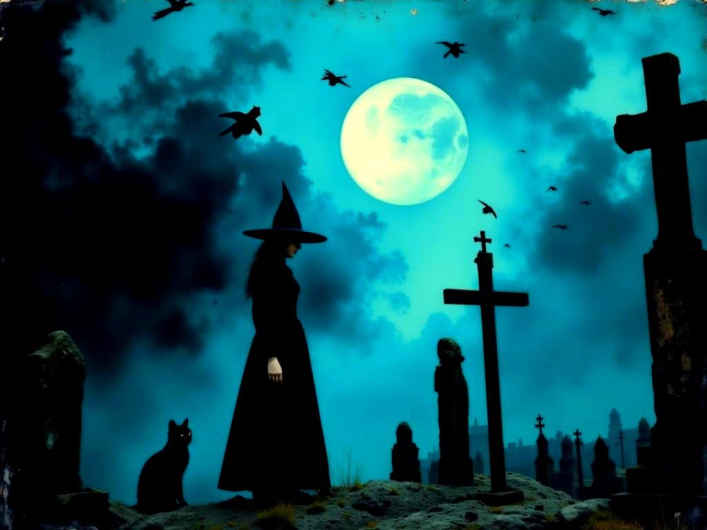 Halloween Witch Casting Spell in Foggy Cemetery with Flying ...