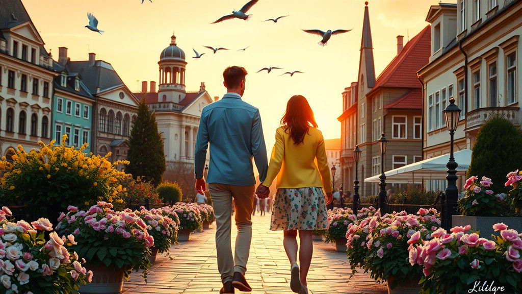 Couple Walking Towards Sunset in Riga, Latvia