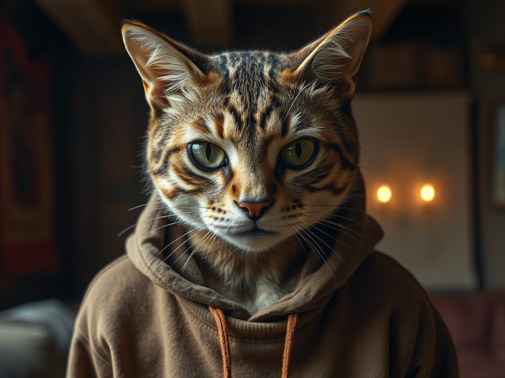 Human-Cat Hybrid in Surreal Digital Art Style