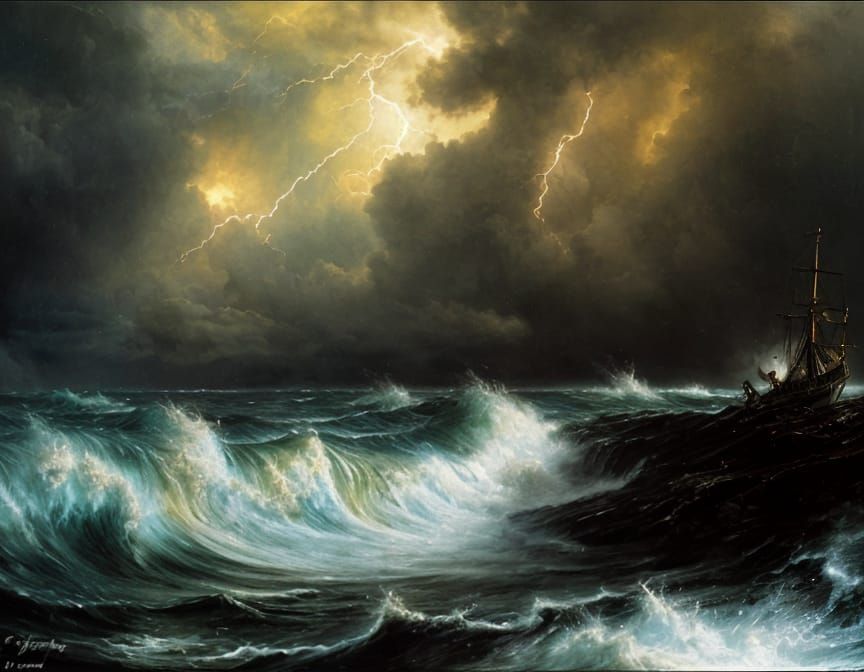 Dark Fantasy Tropical Islands Storm Landscape in Oil Paintin...