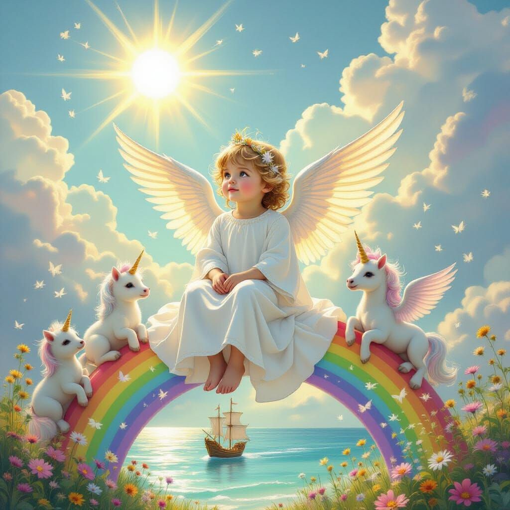 Angel Child on Rainbow with Mythical Creatures