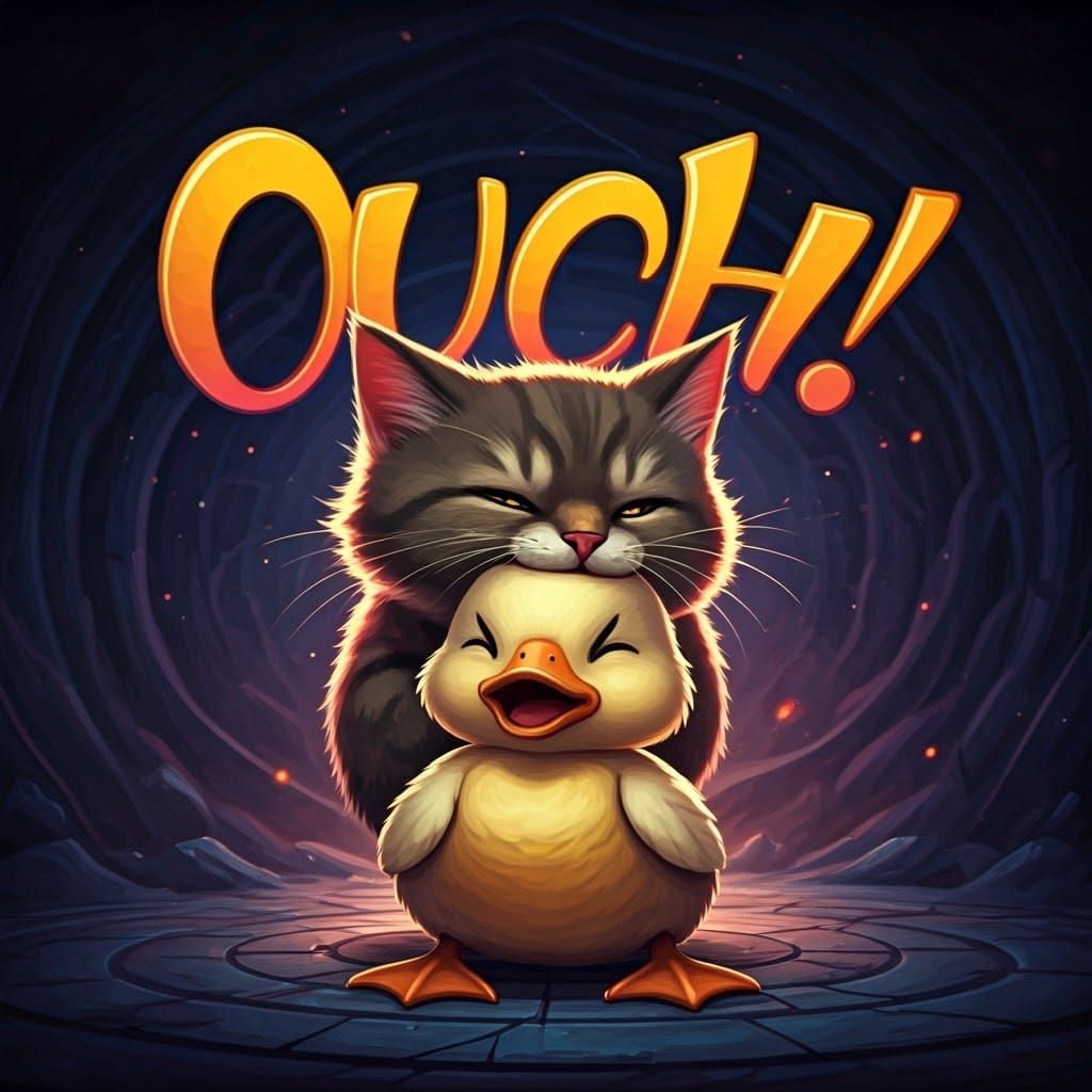 Ornate "Ouch!" Illustration with Cat and Duck