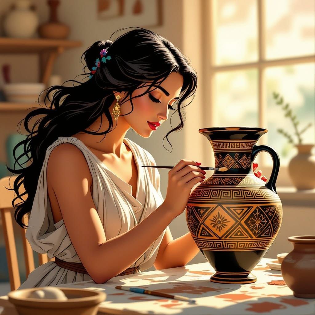 Ancient Greek Woman Paints Vase in Comic Book Style