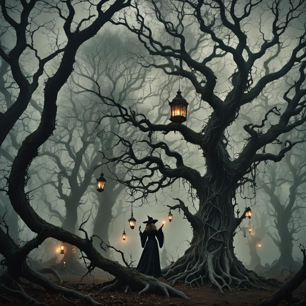 Dark Fantasy: Witch, Mermaid, and Pixie in Forest