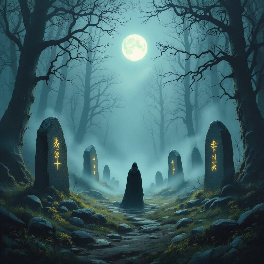 Mystical Forest Clearing With Glowing Runes and Cloaked Figu...