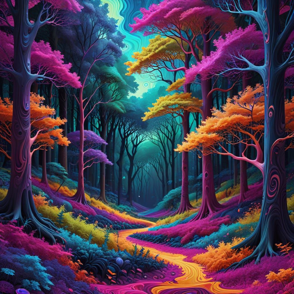 Vibrant Psychedelic Forest Landscape with Swirling Patterns