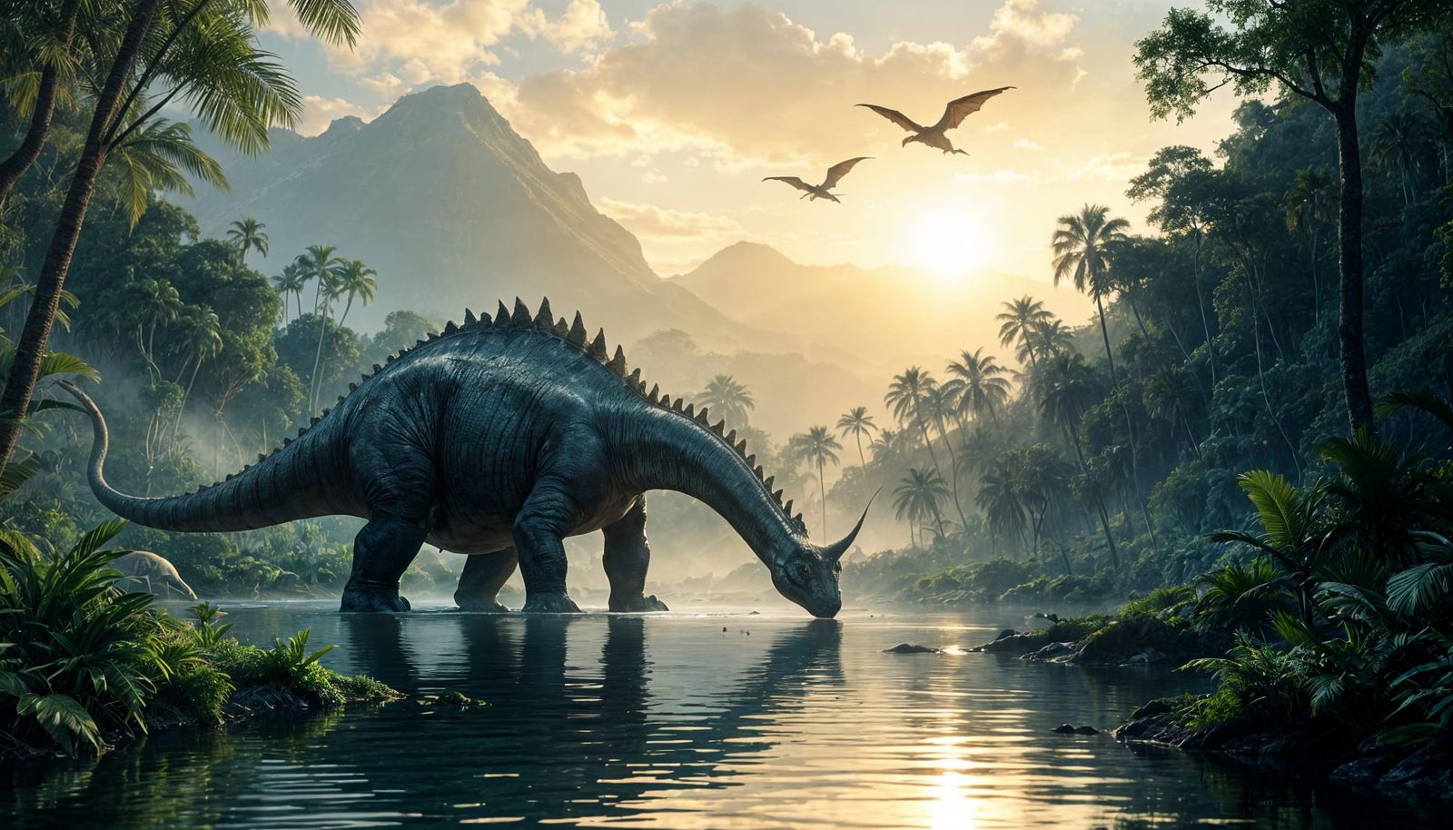 Lush Jurassic Jungle with Towering Dinosaurs