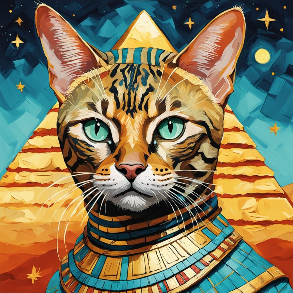 Bengal Cat as King Tut in Impasto Style