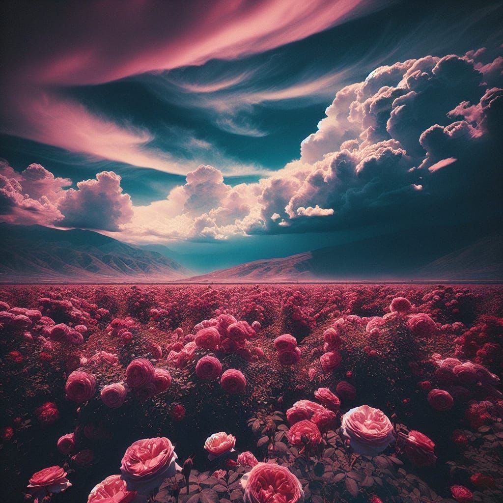 Dramatic Pink Rose Field Under Blue Sky