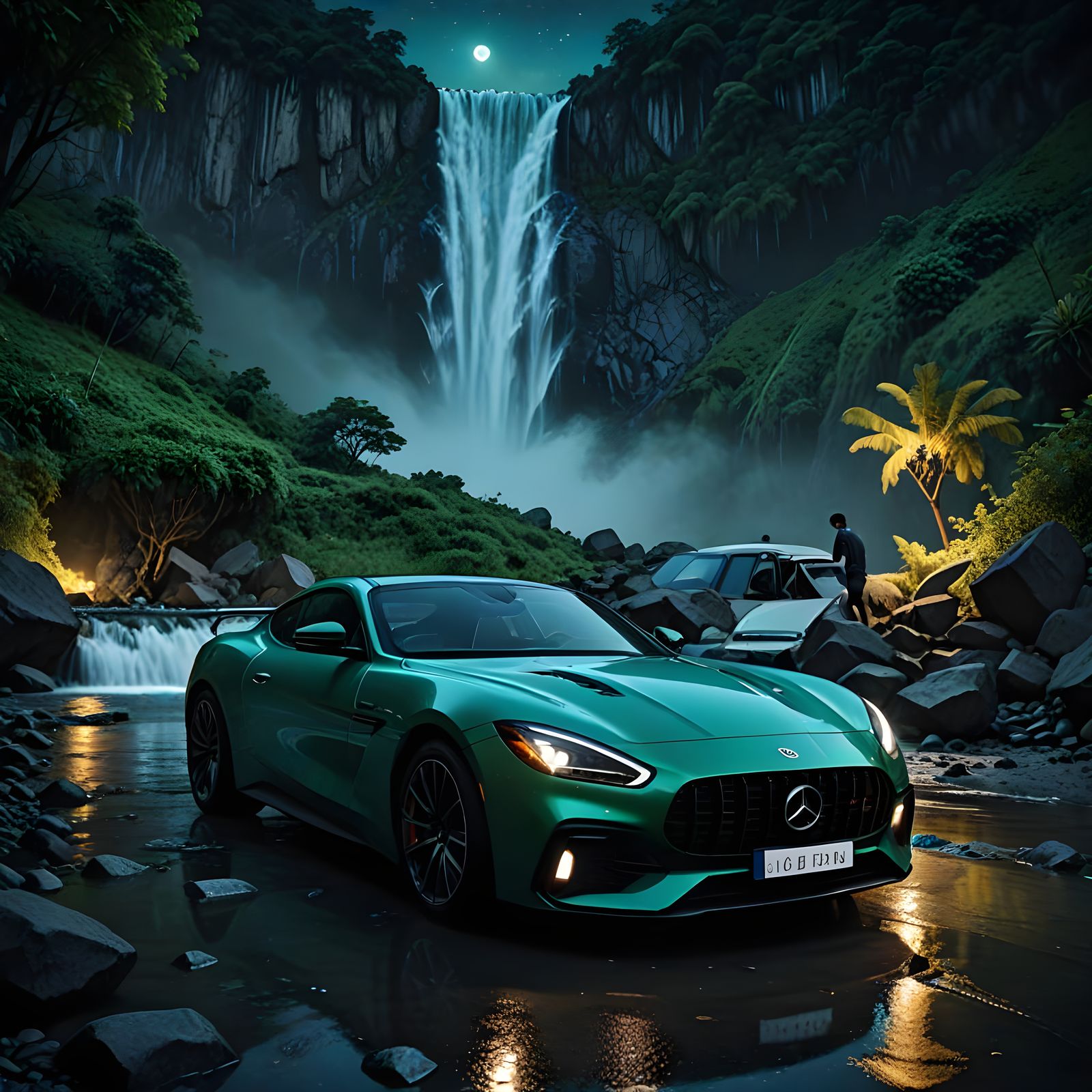 A landscape at night and waterfall, with a modern car