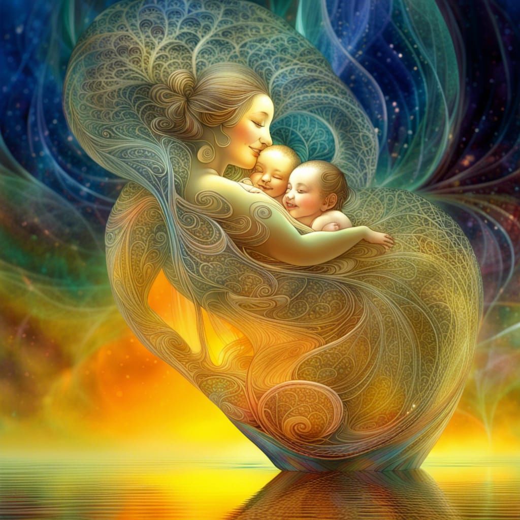 Pregnant Mother and Daughter in Fractal Forest