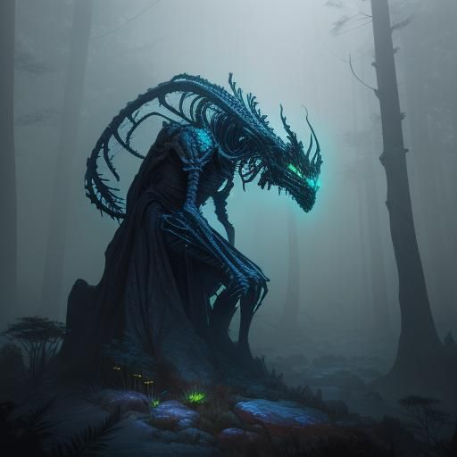 Bioluminescent Alien in Misty Forest: Matte Painting