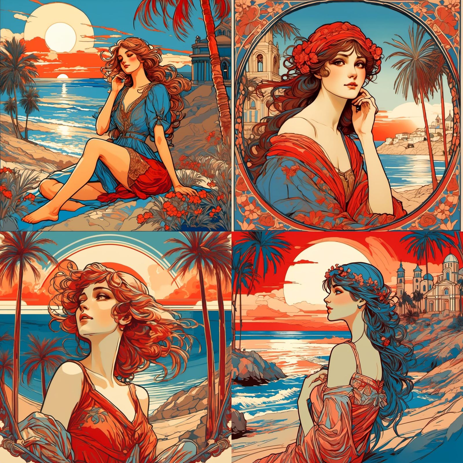 Girl Sunbathing on Greek Beach in Art Nouveau Style
