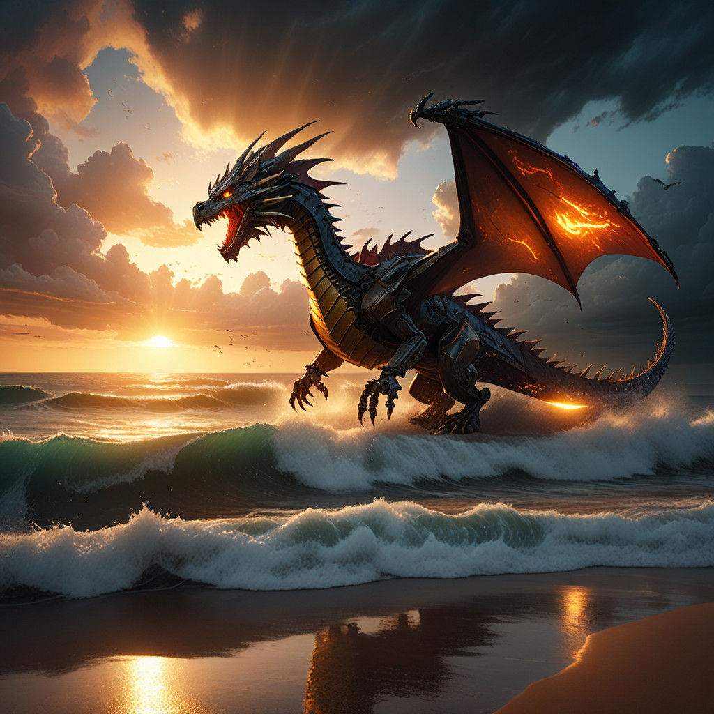 Renaissance-Inspired Cyberpunk Robot and Dragon on a Stormy....